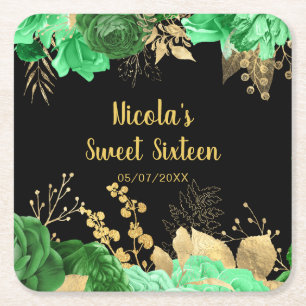 Elegant Green and Gold Flowers Sweet Sixteen Square Paper Coaster