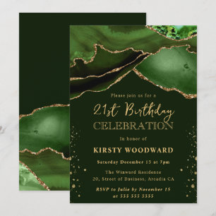 Elegant Green and Gold Glitter Agate 21st Birthday Invitation