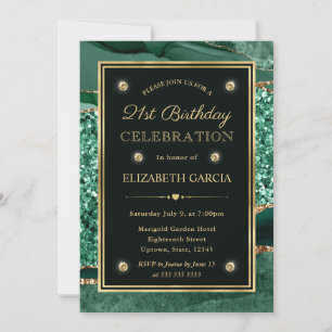 Elegant Green and Gold Glitter Agate 21st Birthday Invitation