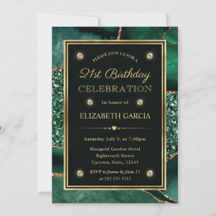 Elegant Green and Gold Glitter Agate 21st Birthday Invitation