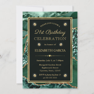Elegant Green and Gold Glitter Agate 21st Birthday Invitation