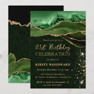 Elegant Green and Gold Glitter Agate Birthday Invitation