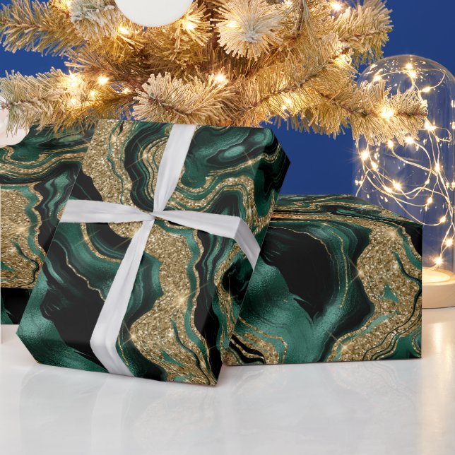 Elegant Green and Gold Glitter Agate Birthday Wrapping Paper (Holidays)