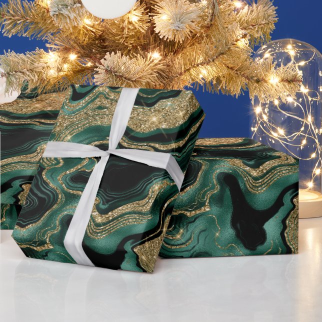 Elegant Green and Gold Glitter Agate Birthday Wrapping Paper (Holidays)