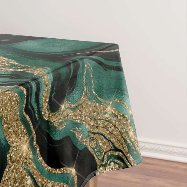 Elegant Green and Gold Glitter Agate Pattern Tablecloth (In Situ)