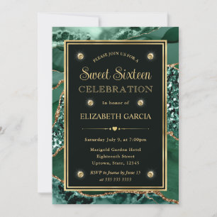 Elegant Green and Gold Glitter Agate Sweet Sixteen Invitation