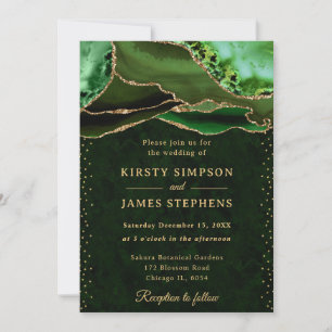 Elegant Green and Gold Glitter Agate Wedding Invitation