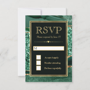 Elegant Green and Gold Glitter Agate Wedding RSVP Card