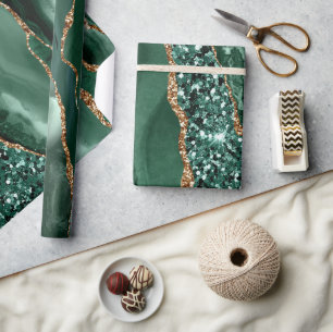 Elegant Green and Gold Glitter Ocean Agate Geode Wrapping Paper