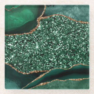 Elegant Green and Gold Glitter Ocean Agate Glass Coaster