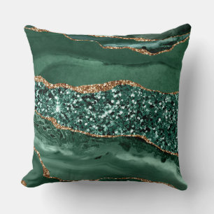 Elegant Green and Gold Glitter Ocean Agate Throw Pillow