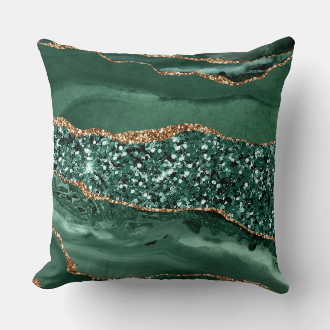 Elegant Green and Gold Glitter Ocean Agate Throw Pillow (Front)
