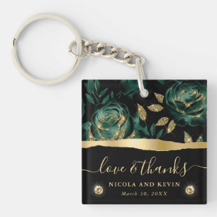 Elegant Green and Gold Glitter Rose Floral Wedding Keychain