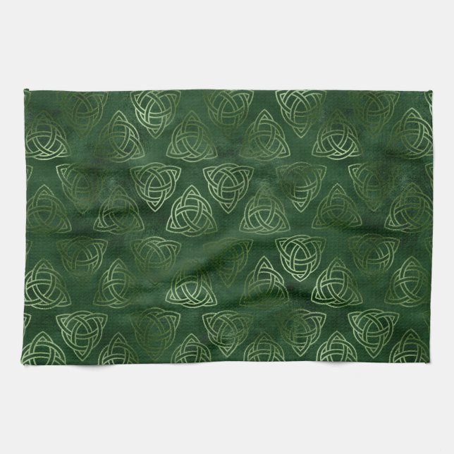 Elegant Green and Gold Irish Celtic Pattern Kitchen Towel (Horizontal)