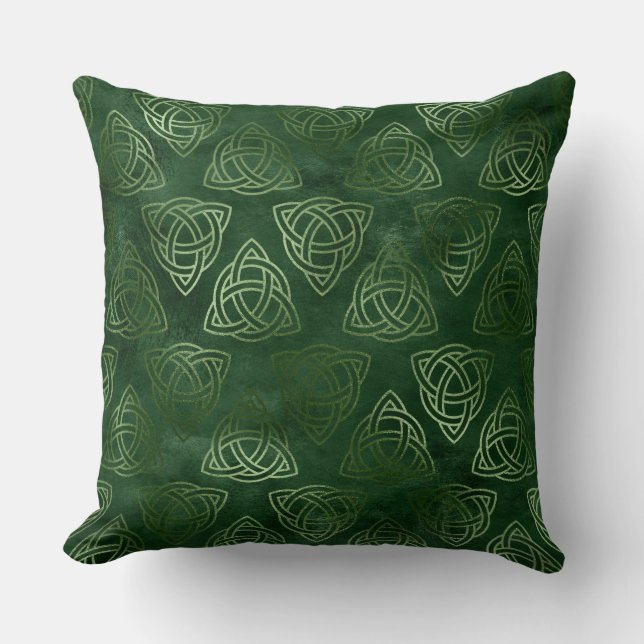 Elegant Green and Gold Irish Celtic Pattern Throw Pillow (Front)