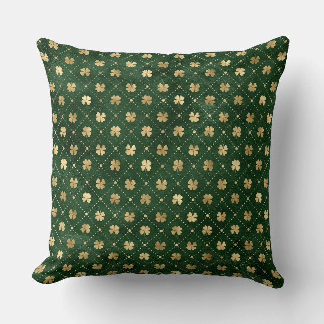Elegant Green and Gold Irish Shamrock Clover Throw Pillow (Front)