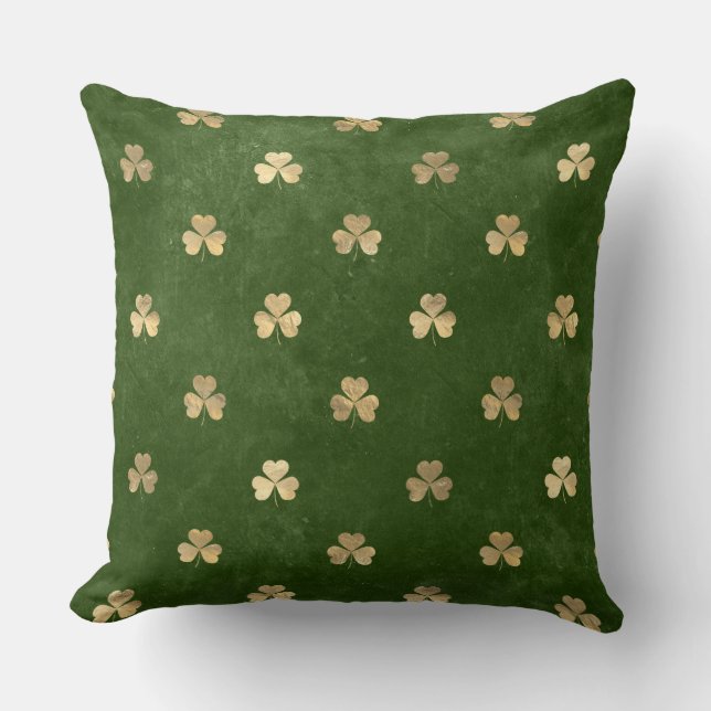 Elegant Green and Gold Irish Shamrock Clover Throw Pillow (Front)