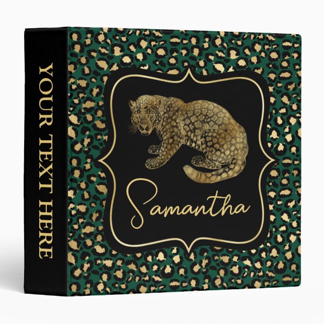 Elegant Green and Gold Leopard and Spots Pattern Binder (Front/Spine)