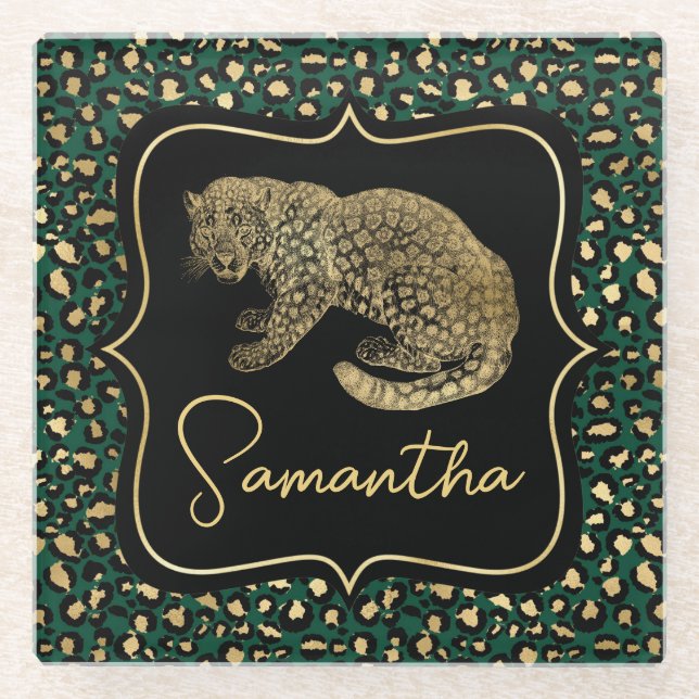 Elegant Green and Gold Leopard and Spots Pattern Glass Coaster (Front)