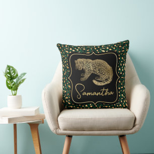 Elegant Green and Gold Leopard and Spots Pattern Throw Pillow