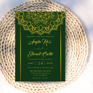 Elegant Green And Gold Mandala Wedding Invitation