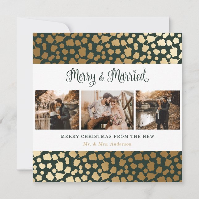 Elegant Green and Gold Merry and Married Christmas Holiday Card (Front)
