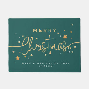 Elegant Green and Gold Merry Christmas Holidays Doormat