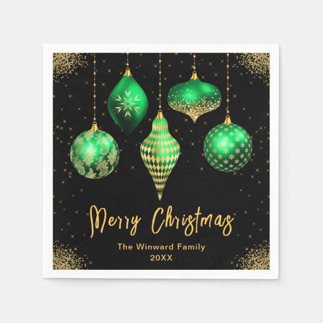 Elegant Green and Gold Ornament Christmas Napkin (Front)