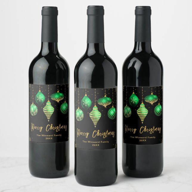 Elegant Green and Gold Ornament Christmas Wine Label (Bottles)
