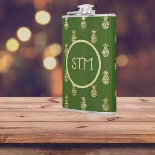 Elegant Green and Gold Pineapple Monogram Hip Flask