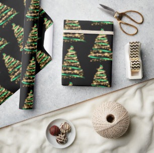 Elegant Green and Gold Ribbon Tree Christmas Wrapping Paper