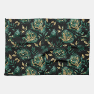 Elegant Green and Gold Rose Floral Pattern Kitchen Towel