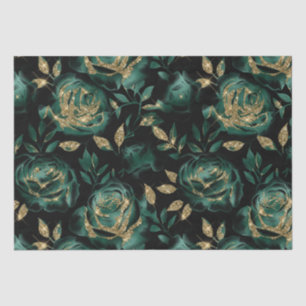 Elegant Green and Gold Rose Floral Pattern Tissue Paper