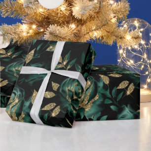Elegant Green and Gold Rose Floral Pattern Wrapping Paper