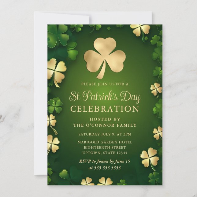 Elegant Green and Gold Shamrock St Patrick's Day Invitation (Front)