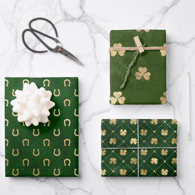 Elegant Green and Gold Shamrock St Patrick's Day Wrapping Paper Sheet (Front)