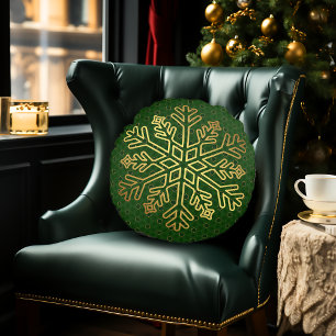 Elegant Green and Gold Snowflake Decorative Round Pillow