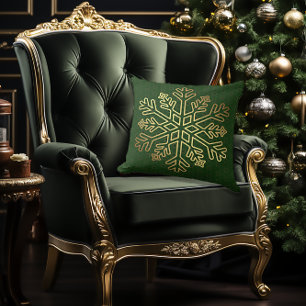 Elegant Green and Gold Snowflake Decorative Throw Pillow