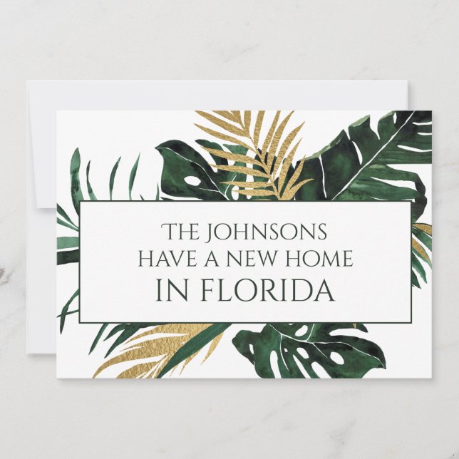 Elegant Green and Gold Tropical Bouquet New Home Announcement (Front)