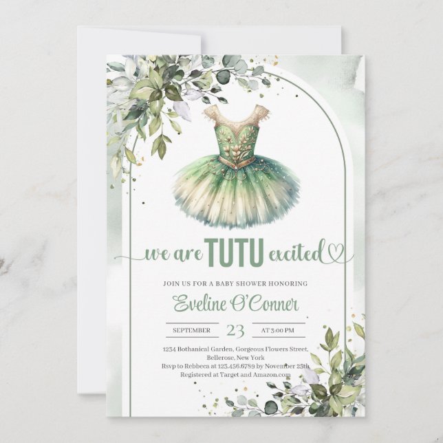Elegant green and gold tutu dress eucalyptus  invitation (Front)
