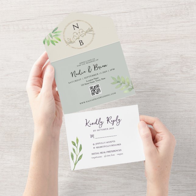 Elegant Green and Gold Wedding All In One Invitation (Tearaway)