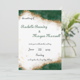 Elegant green and gold wedding invitation