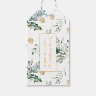 Elegant Green and Gold Winter Greenery Christmas Gift Tags