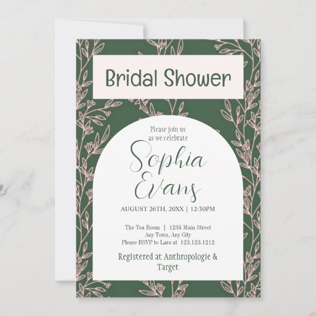 Elegant Green and Pink Leaves Bridal Shower Invitation (Front)