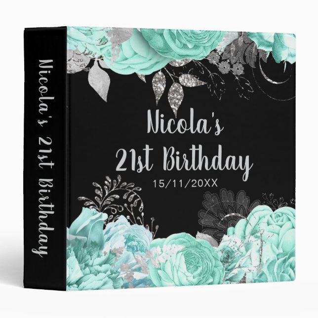 Elegant Green and Silver Flowers Birthday Party Binder (Front/Spine)