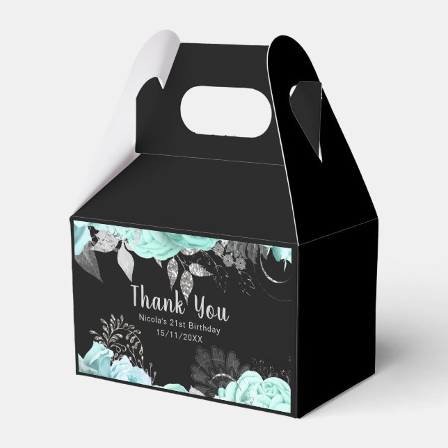 Elegant Green and Silver Flowers Birthday Party Favor Box (Front Side)