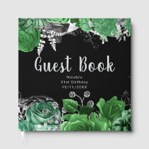 Elegant Green and Silver Flowers Birthday Party Guest Book