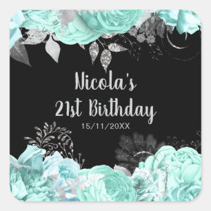 Elegant Green and Silver Flowers Birthday Party Square Sticker