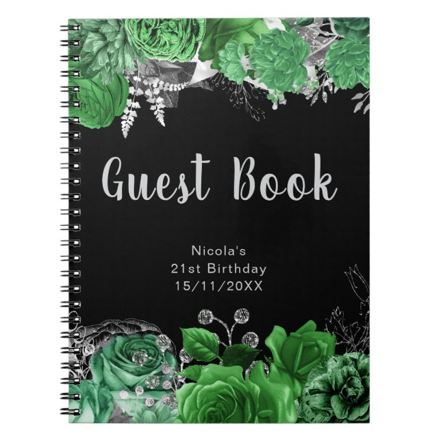 Elegant Green and Silver Flowers Guest Book (Front)