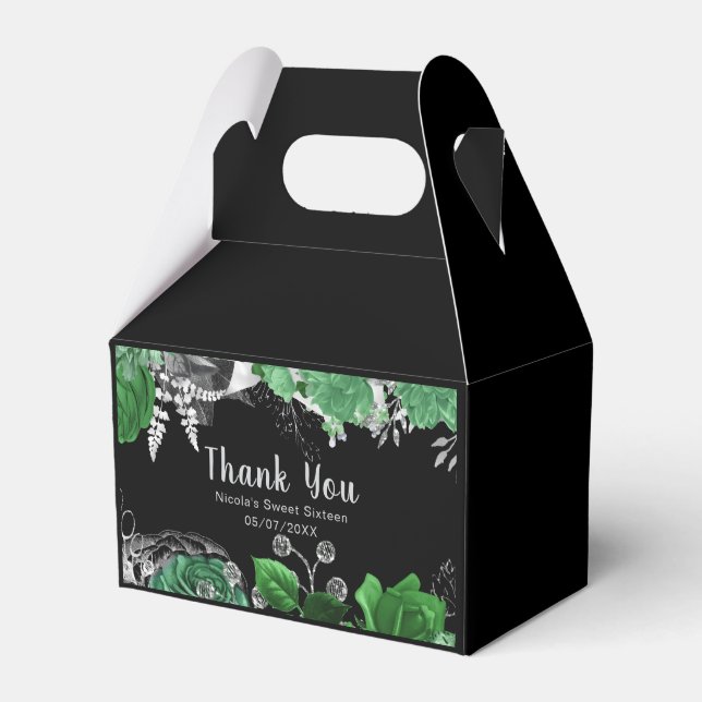 Elegant Green and Silver Flowers Sweet Sixteen  Favor Box (Front Side)
